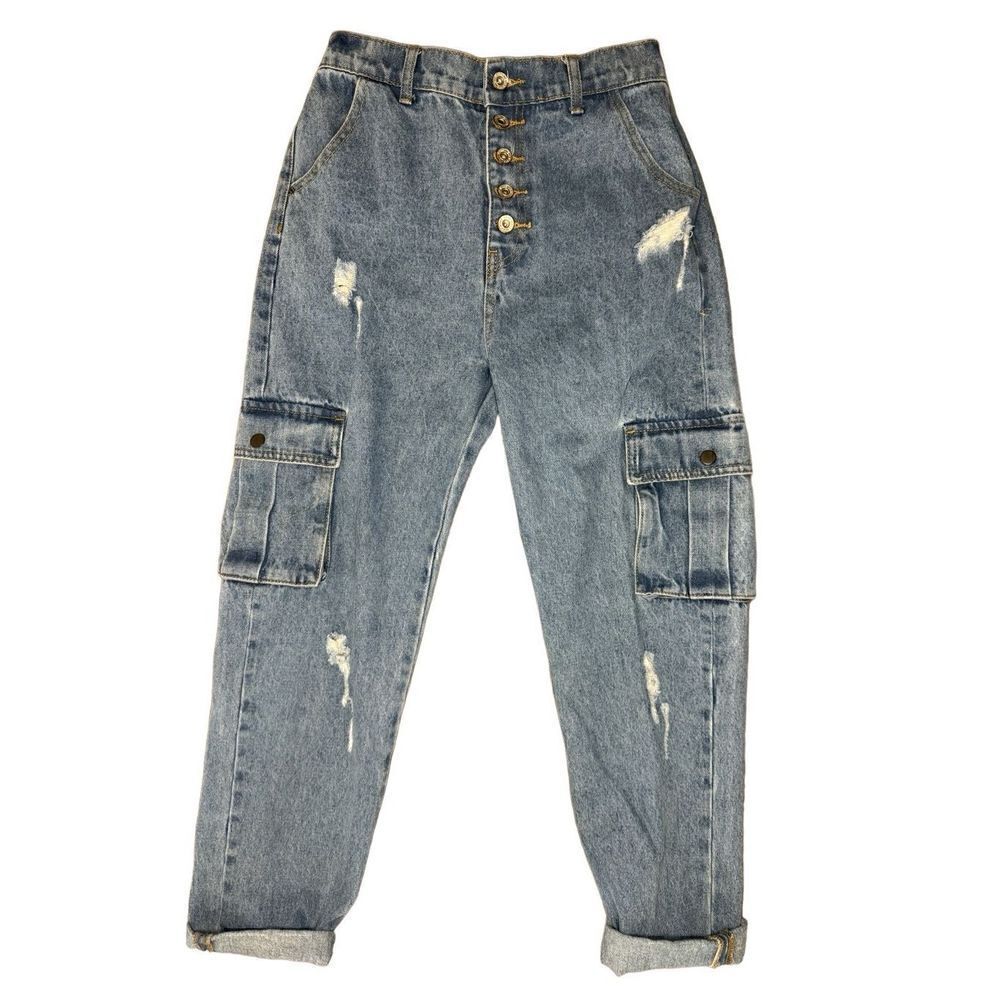 Q2 Light Denim Straight Jeans Ripped With Side Pockets Small (size 4 US) - Picture 3 of 8